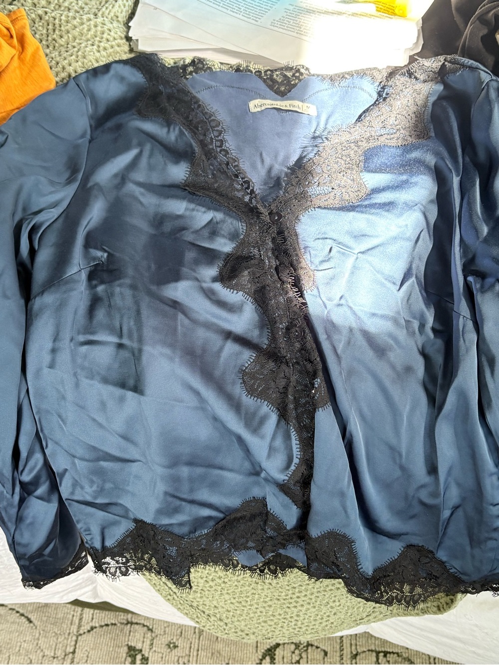 Abercrombie & Fitch Navy Blue Satin Lace Trim Camisole Top